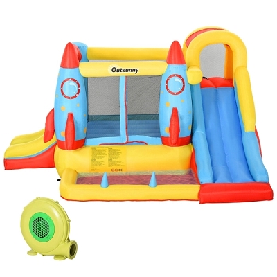 Outsunny Kids Inflatable Water Slide, 4 in 1 Bounce House Jumping Castle with 2 Slides, Climbing Wall, Trampoline, & Water Pool Area, Air Blower Colorful Oxford Fabric